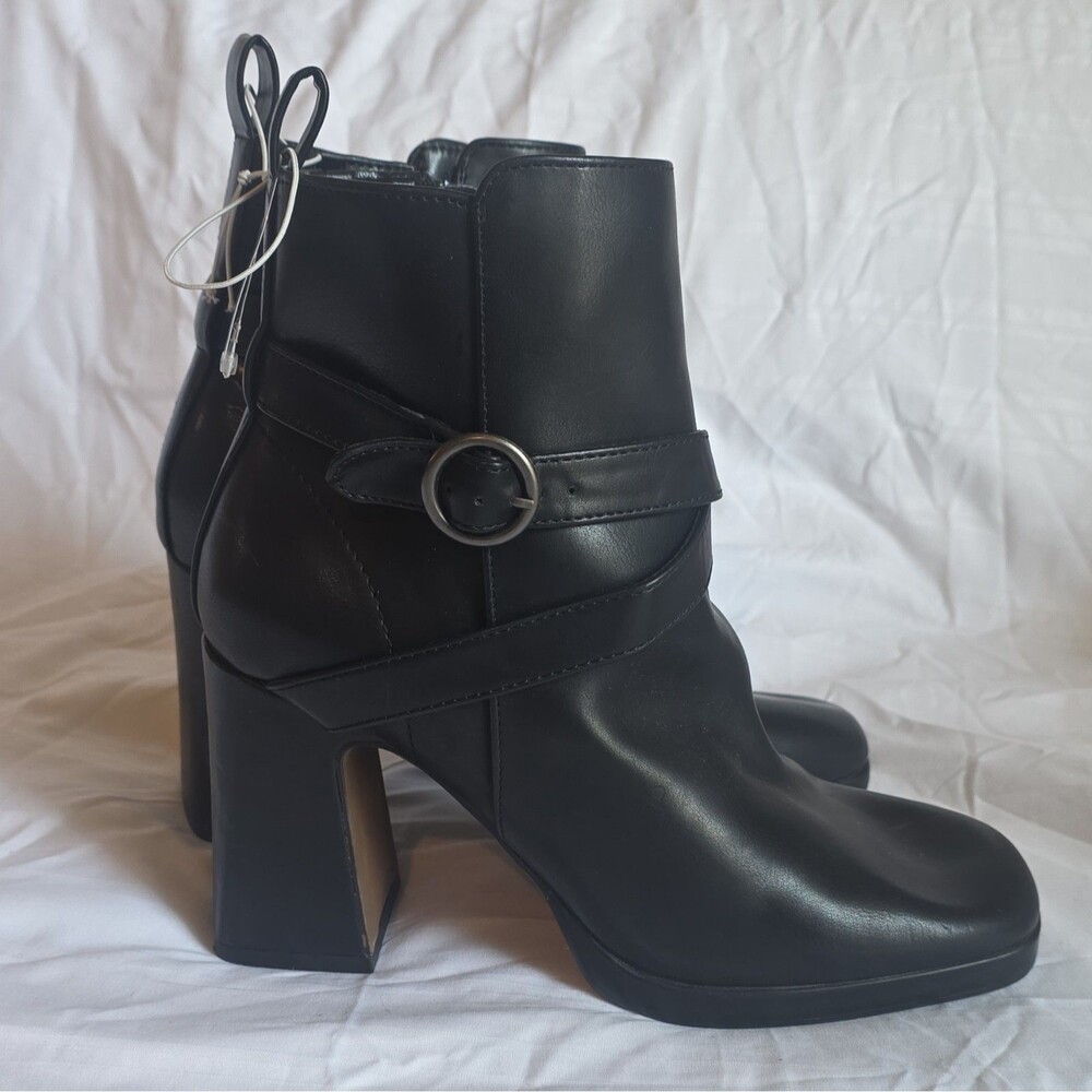 Kensie Women's Black Faux Leather Ankle Bootie Square Toe Zip Buckle 6.5